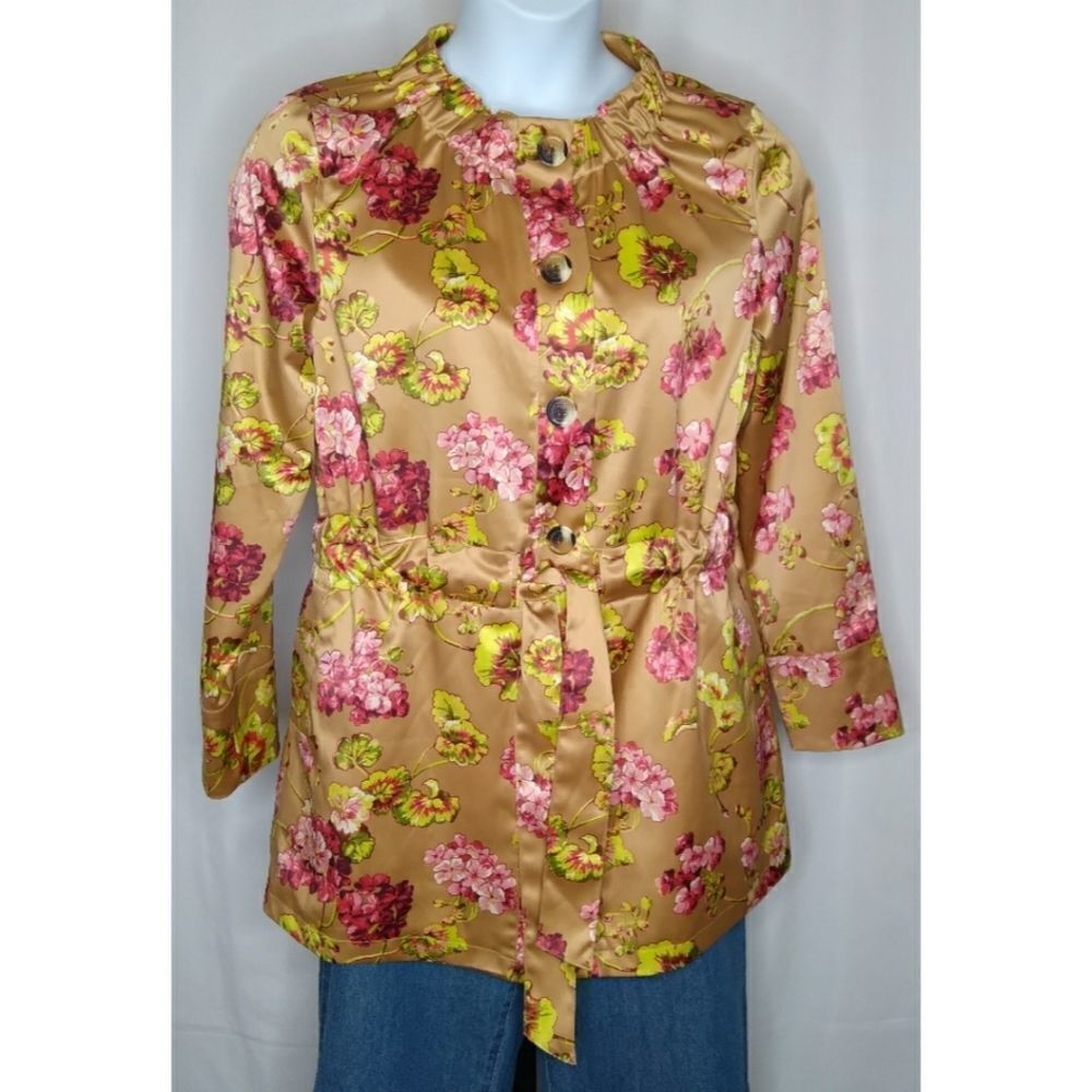 Liz Claiborne Satin Trench Gold Floral Size M